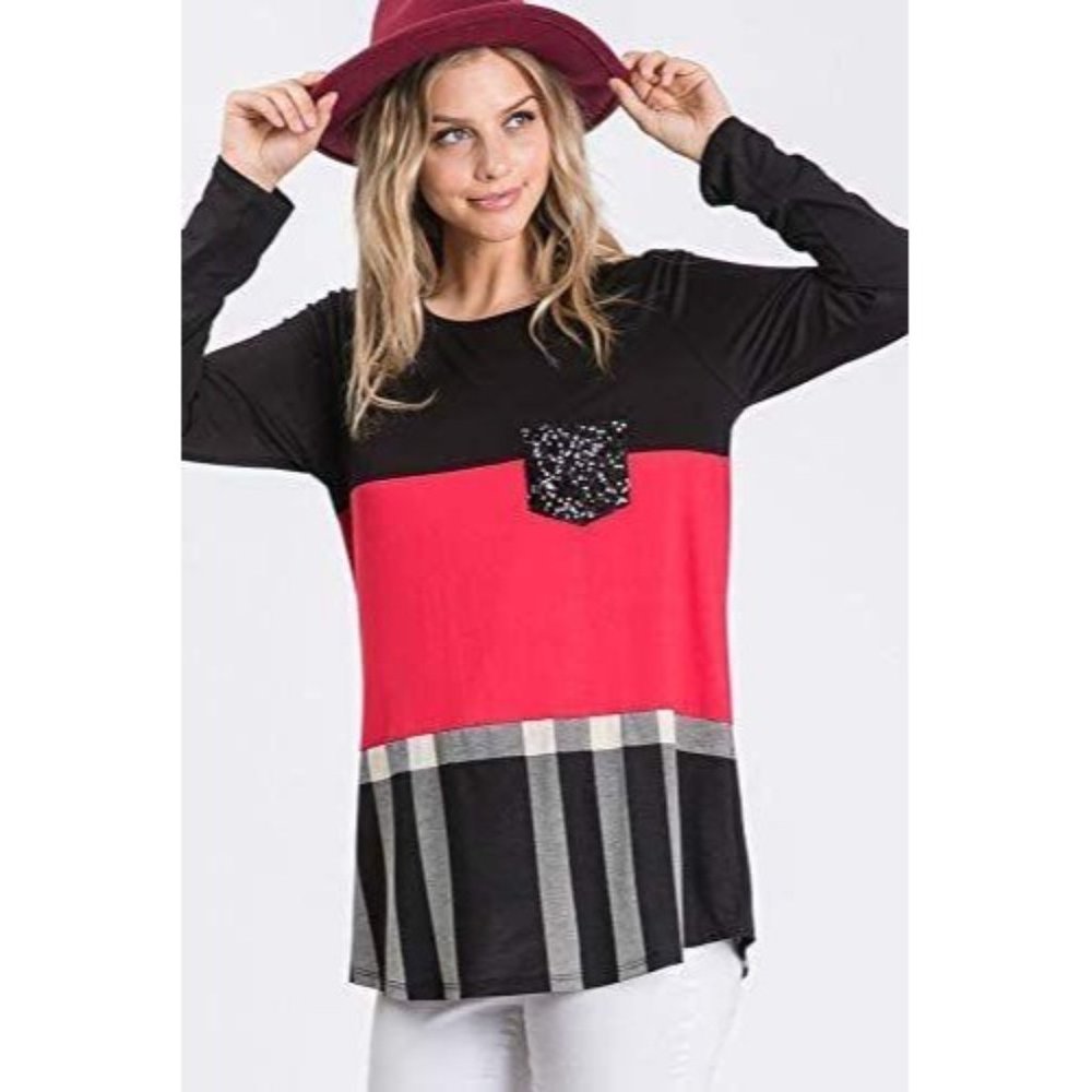 Festive Color Block Plaid Long Sleeve Top with Seq